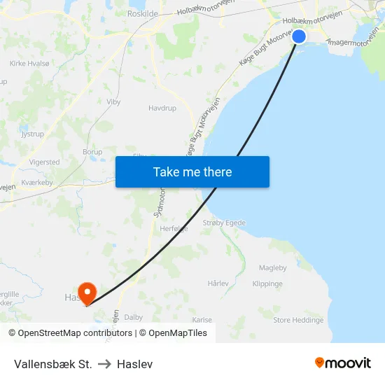 Vallensbæk St. to Haslev map
