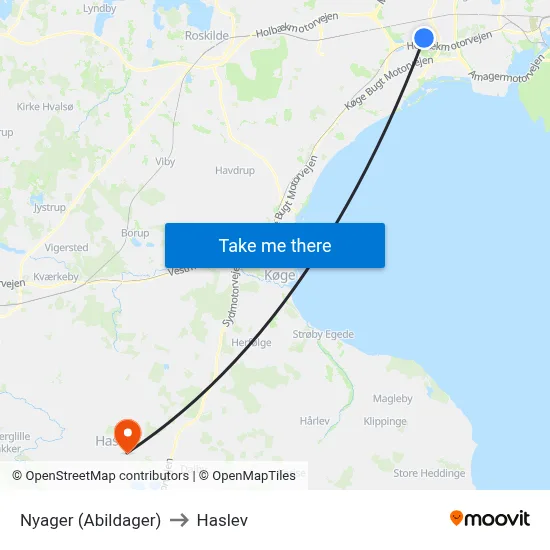 Nyager (Abildager) to Haslev map