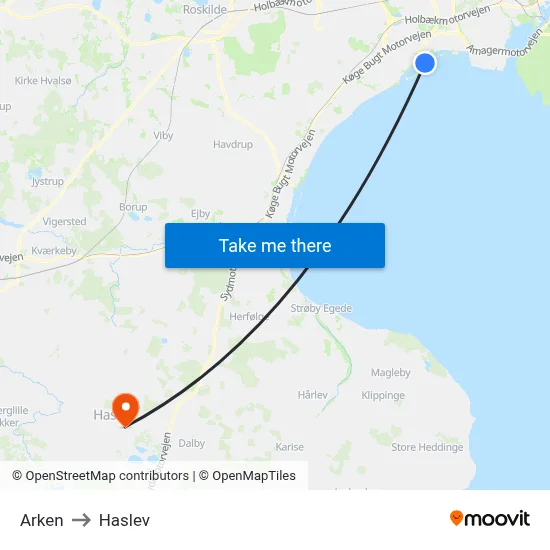 Arken to Haslev map