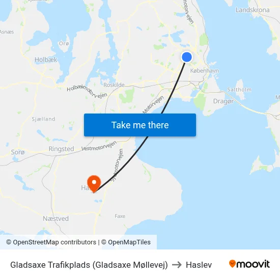 Gladsaxe Trafikplads (Gladsaxe Møllevej) to Haslev map