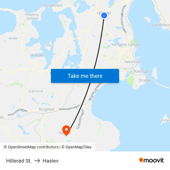 Hillerød St. to Haslev map