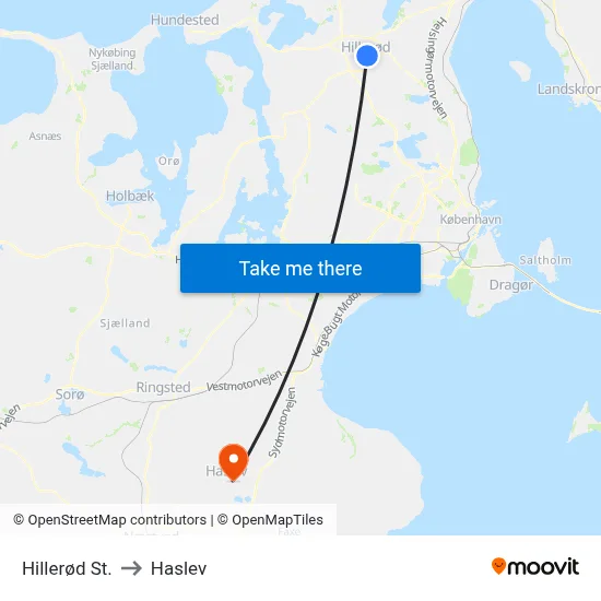Hillerød St. to Haslev map