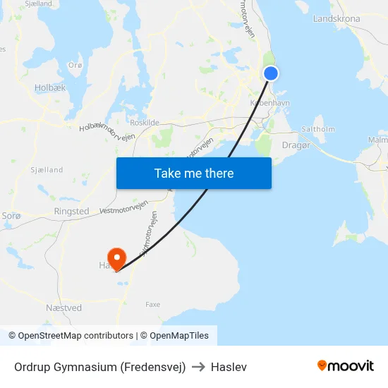 Ordrup Gymnasium (Fredensvej) to Haslev map
