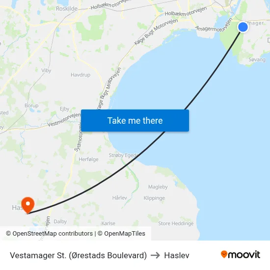 Vestamager St. (Ørestads Boulevard) to Haslev map