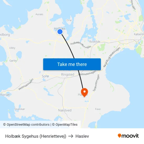 Holbæk Sygehus (Henriettevej) to Haslev map