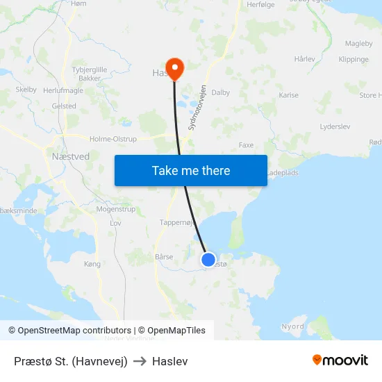 Præstø St. (Havnevej) to Haslev map