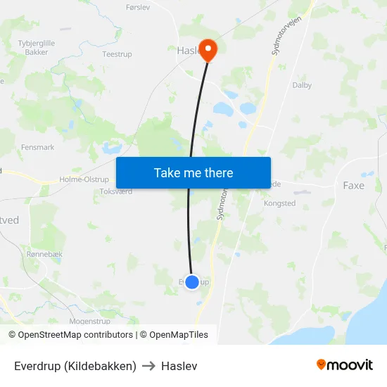 Everdrup (Kildebakken) to Haslev map