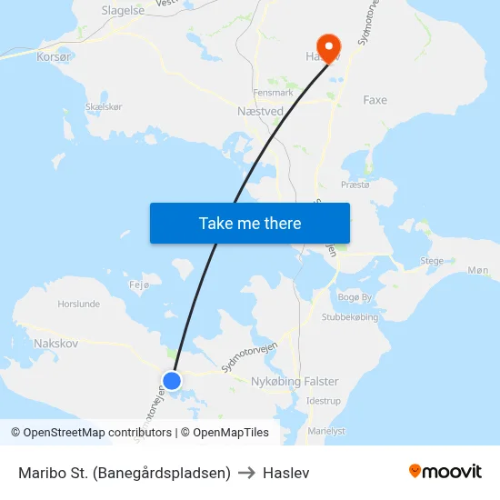 Maribo St. (Banegårdspladsen) to Haslev map