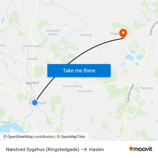 Næstved Sygehus (Ringstedgade) to Haslev map
