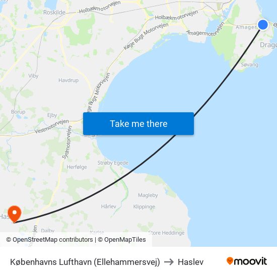 Københavns Lufthavn (Ellehammersvej) to Haslev map