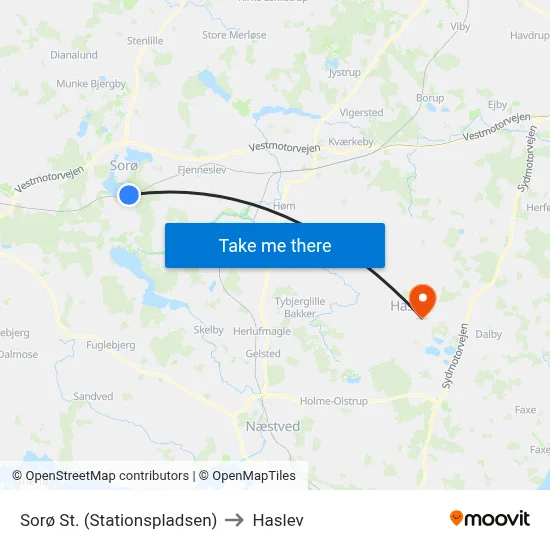 Sorø St. (Stationspladsen) to Haslev map