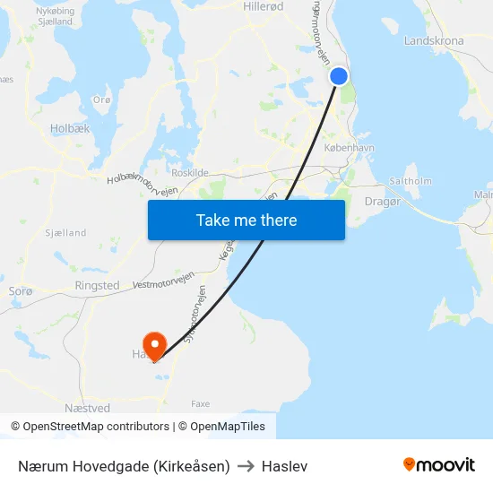 Nærum Hovedgade (Kirkeåsen) to Haslev map