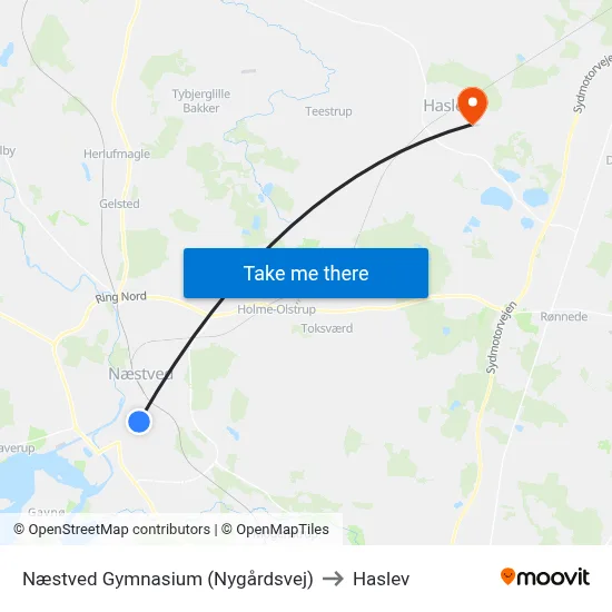 Næstved Gymnasium (Nygårdsvej) to Haslev map