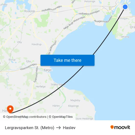 Lergravsparken St. (Metro) to Haslev map