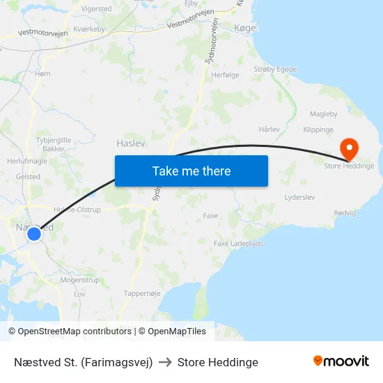 Næstved St. (Farimagsvej) to Store Heddinge map