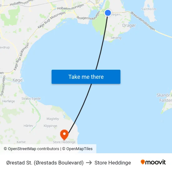 Ørestad St. (Ørestads Boulevard) to Store Heddinge map