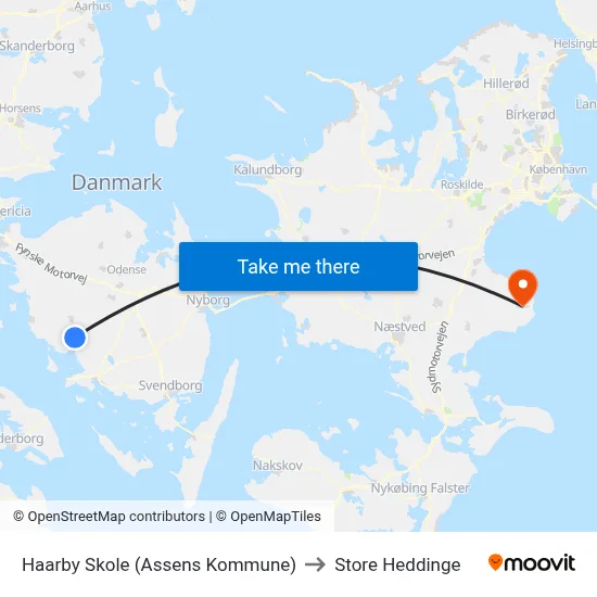 Haarby Skole (Assens Kommune) to Store Heddinge map