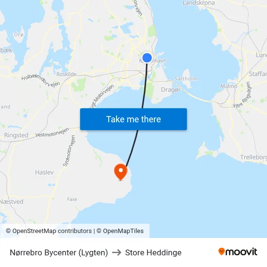 Nørrebro Bycenter (Lygten) to Store Heddinge map