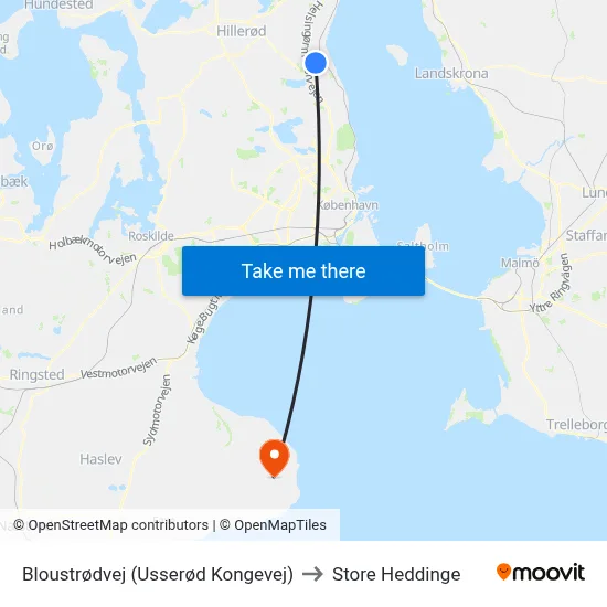 Bloustrødvej (Usserød Kongevej) to Store Heddinge map