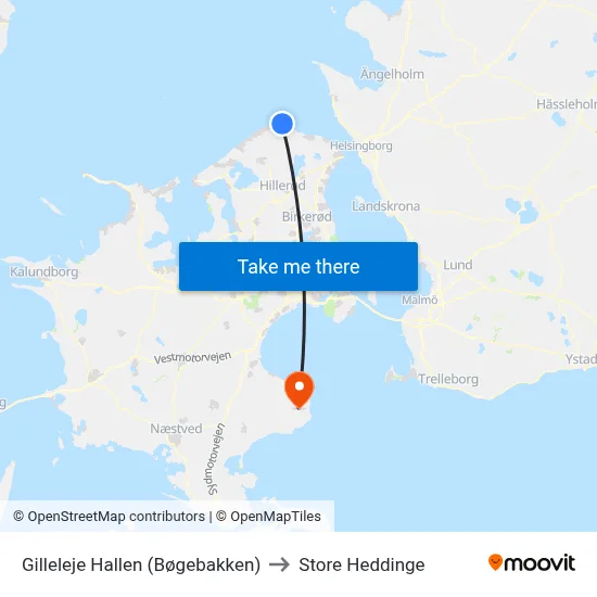Gilleleje Hallen (Bøgebakken) to Store Heddinge map