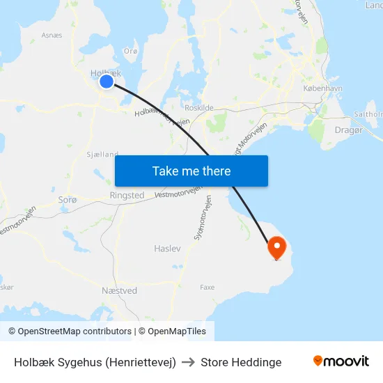Holbæk Sygehus (Henriettevej) to Store Heddinge map