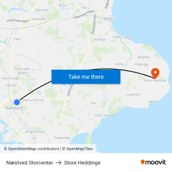 Næstved Storcenter to Store Heddinge map