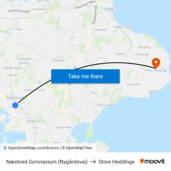 Næstved Gymnasium (Nygårdsvej) to Store Heddinge map