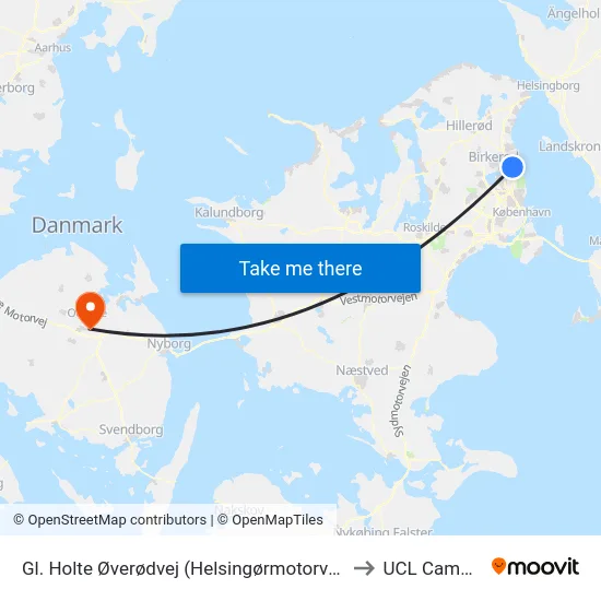 Gl. Holte Øverødvej (Helsingørmotorvejen) to UCL Campus map