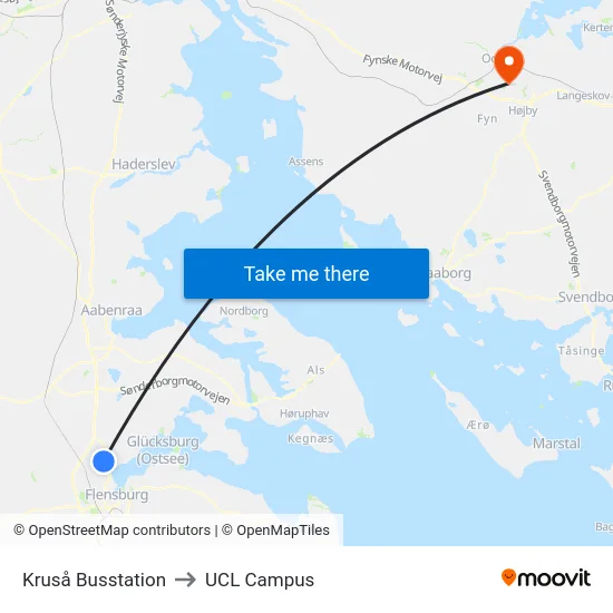 Kruså Busstation to UCL Campus map
