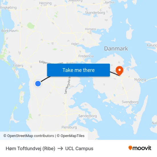 Høm Toftlundvej (Ribe) to UCL Campus map