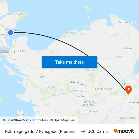 Købmagergade V Fynsgade (Fredericia) to UCL Campus map