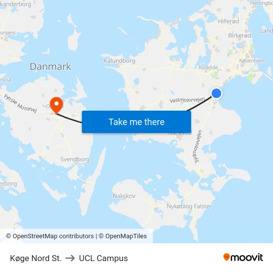 Køge Nord St. to UCL Campus map
