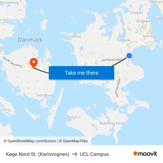 Køge Nord St. (Karlsvognen) to UCL Campus map