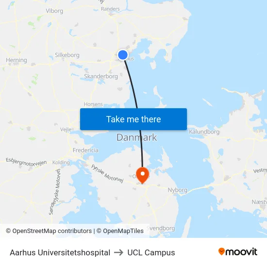 Aarhus Universitetshospital to UCL Campus map