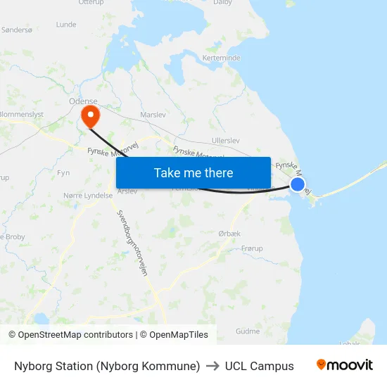 Nyborg Station (Nyborg Kommune) to UCL Campus map