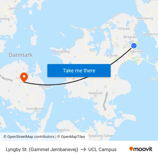 Lyngby St. (Gammel Jernbanevej) to UCL Campus map