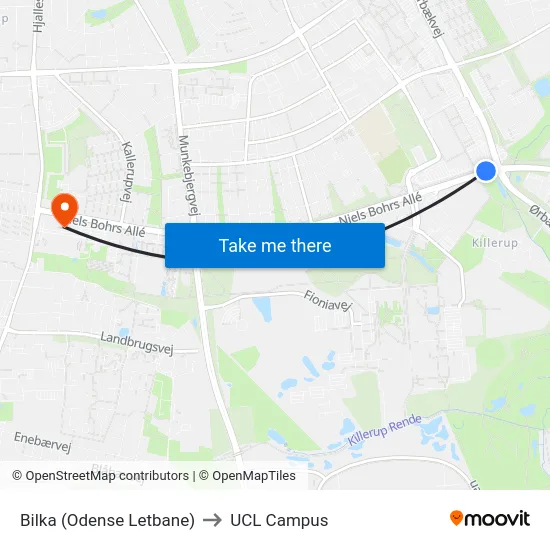 Bilka (Odense Letbane) to UCL Campus map
