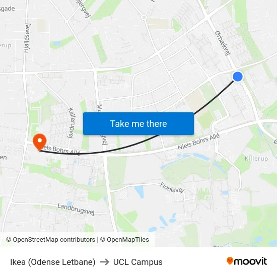 Ikea (Odense Letbane) to UCL Campus map