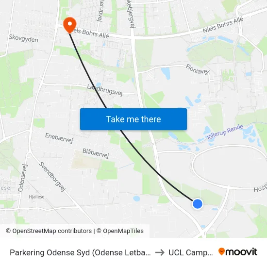 Parkering Odense Syd (Odense Letbane) to UCL Campus map