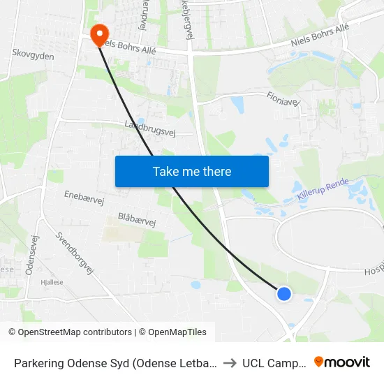 Parkering Odense Syd (Odense Letbane) to UCL Campus map