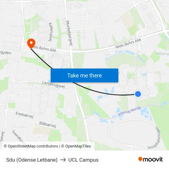 Sdu (Odense Letbane) to UCL Campus map