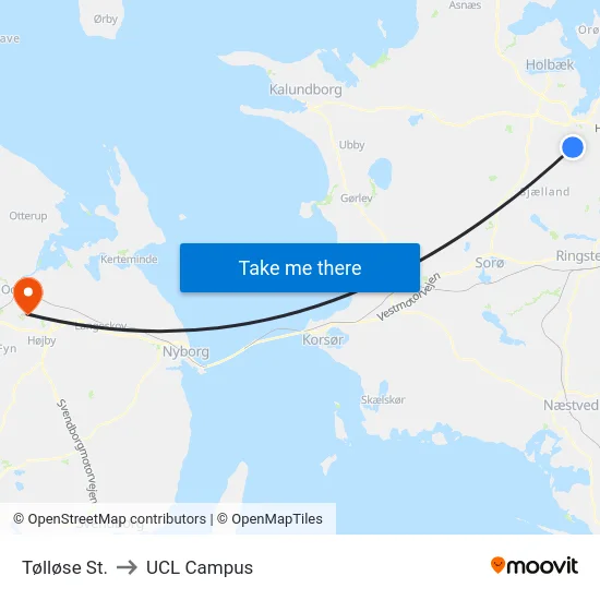 Tølløse St. to UCL Campus map