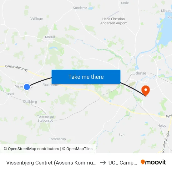 Vissenbjerg Centret (Assens Kommune) to UCL Campus map