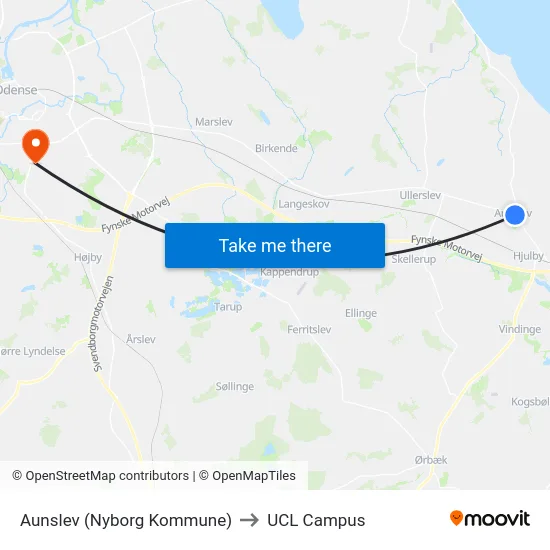 Aunslev (Nyborg Kommune) to UCL Campus map