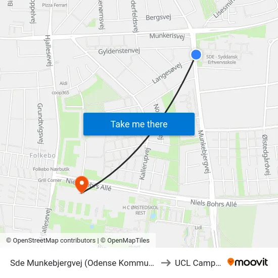 Sde Munkebjergvej (Odense Kommune) to UCL Campus map