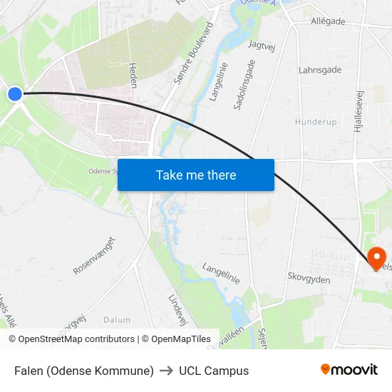 Falen (Odense Kommune) to UCL Campus map