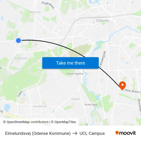 Elmelundsvej (Odense Kommune) to UCL Campus map