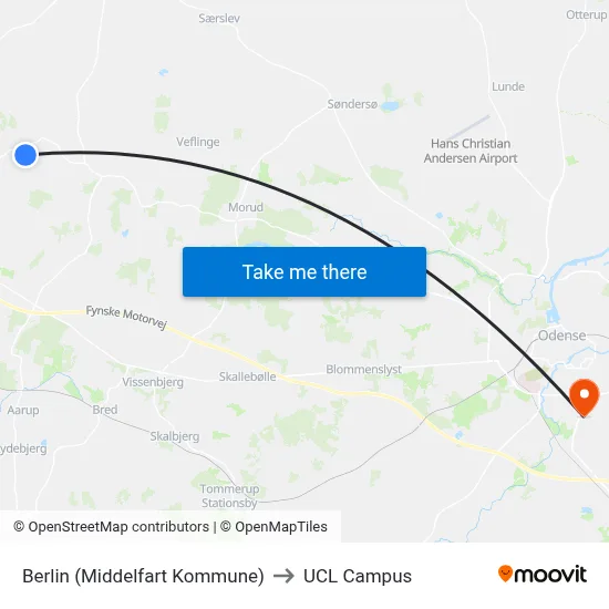 Berlin (Middelfart Kommune) to UCL Campus map