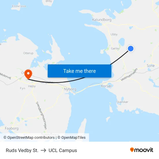 Ruds Vedby St. to UCL Campus map