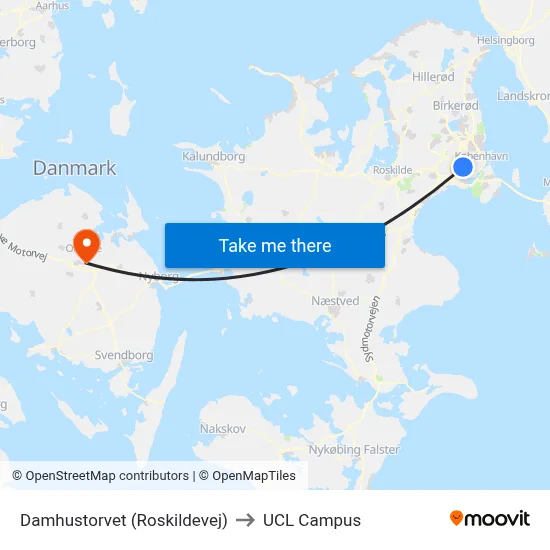 Damhustorvet (Roskildevej) to UCL Campus map